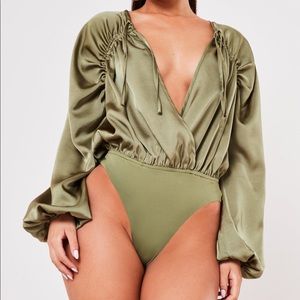 Sage Satin Ruched Balloon Sleeve Bodysuit